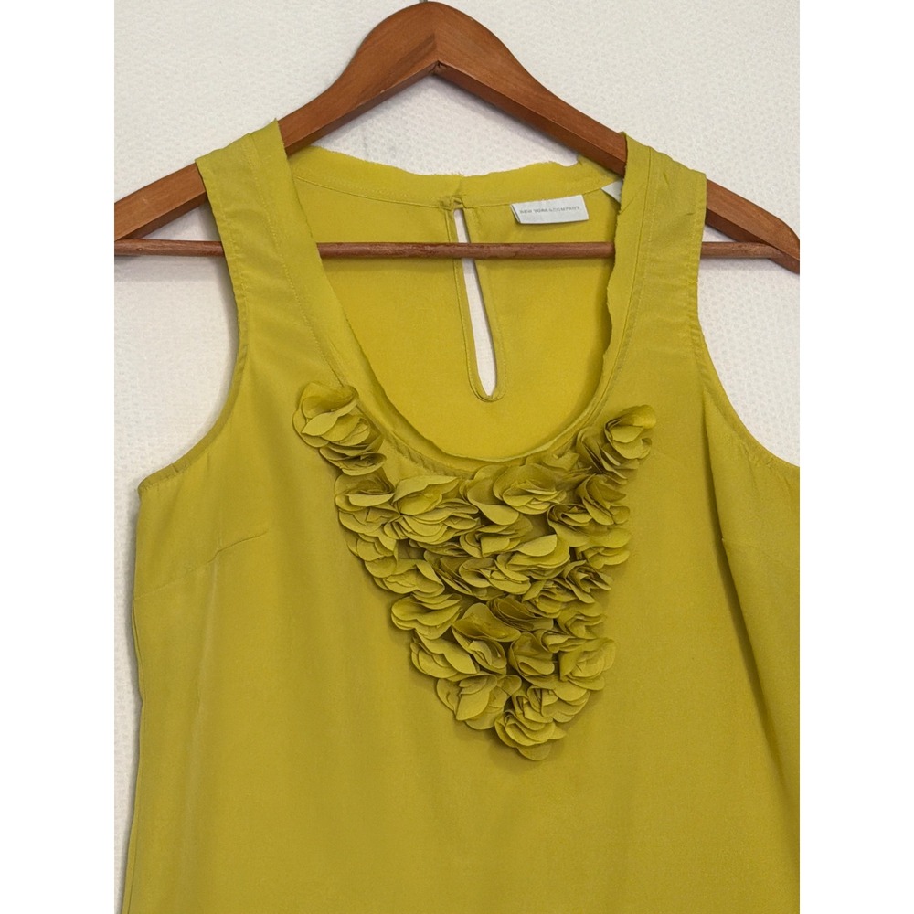 New York & Company Chartreuse Yellow Ruffle Petal Neck Sleeveless Blouse Small - Picture 2 of 10